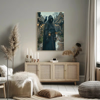 Mysterious Medieval Village Artwork with Plague Doctor Fantasy Poster PosterGoat