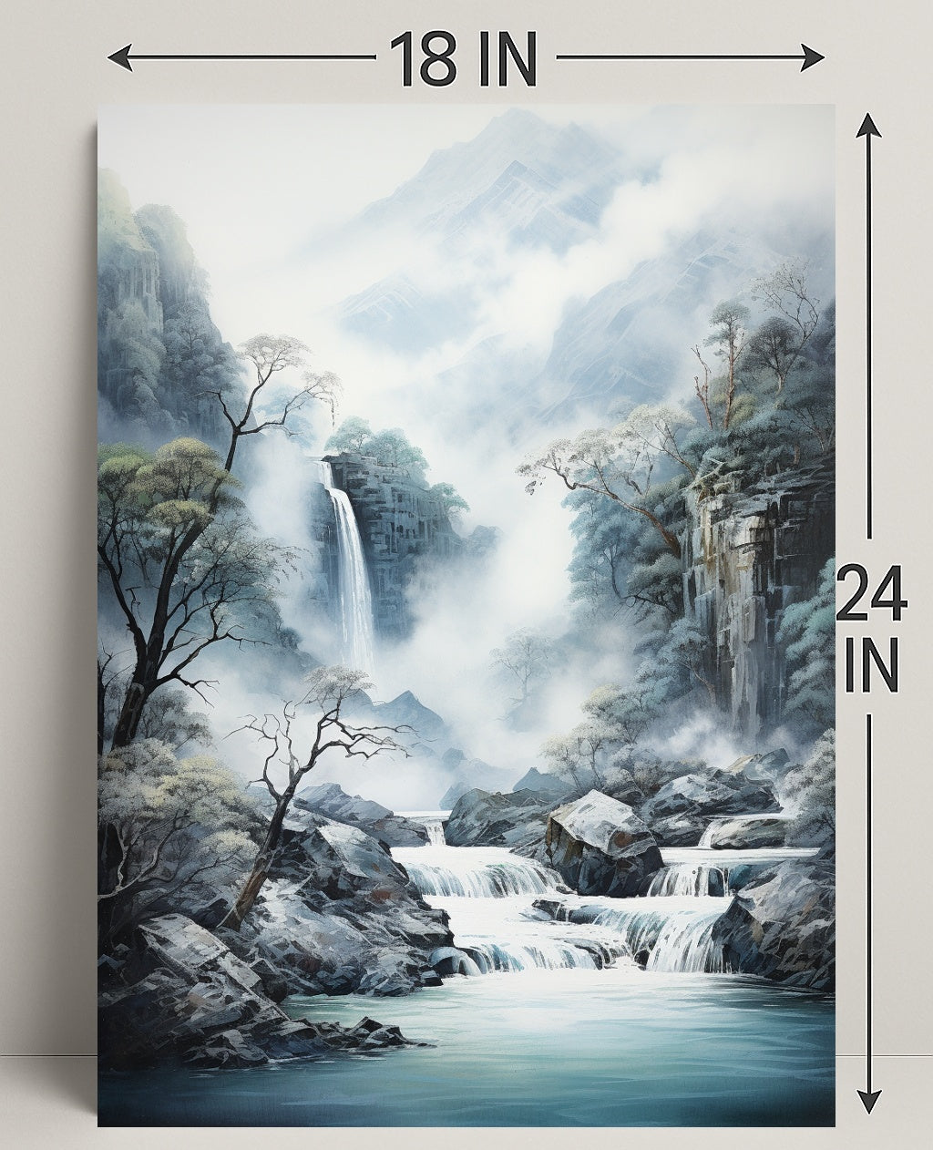 Tranquil Waterfall In Misty Mountains Poster