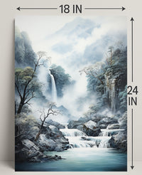 Tranquil Waterfall In Misty Mountains Poster