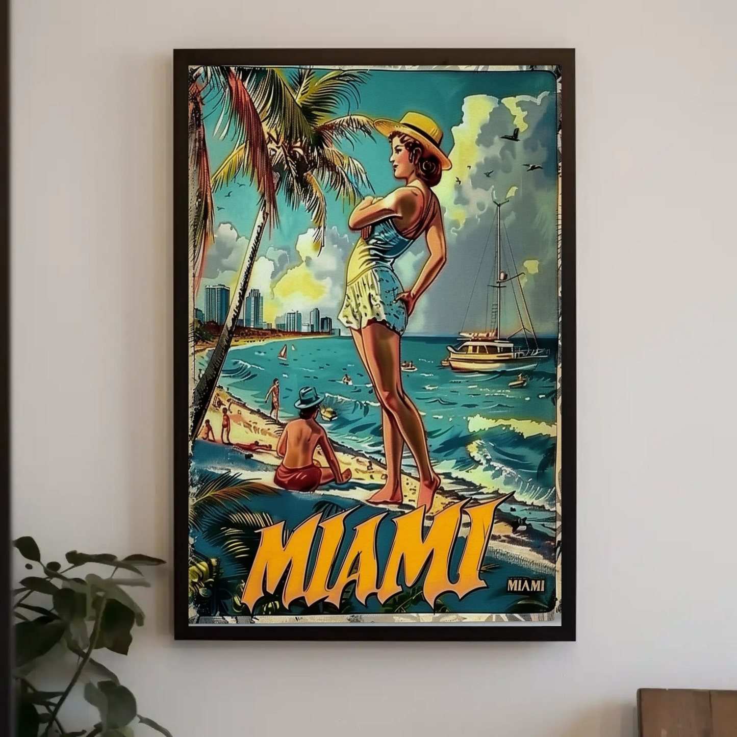 Miami Vintage Beach Scene Palm Trees Skyline Travel Poster