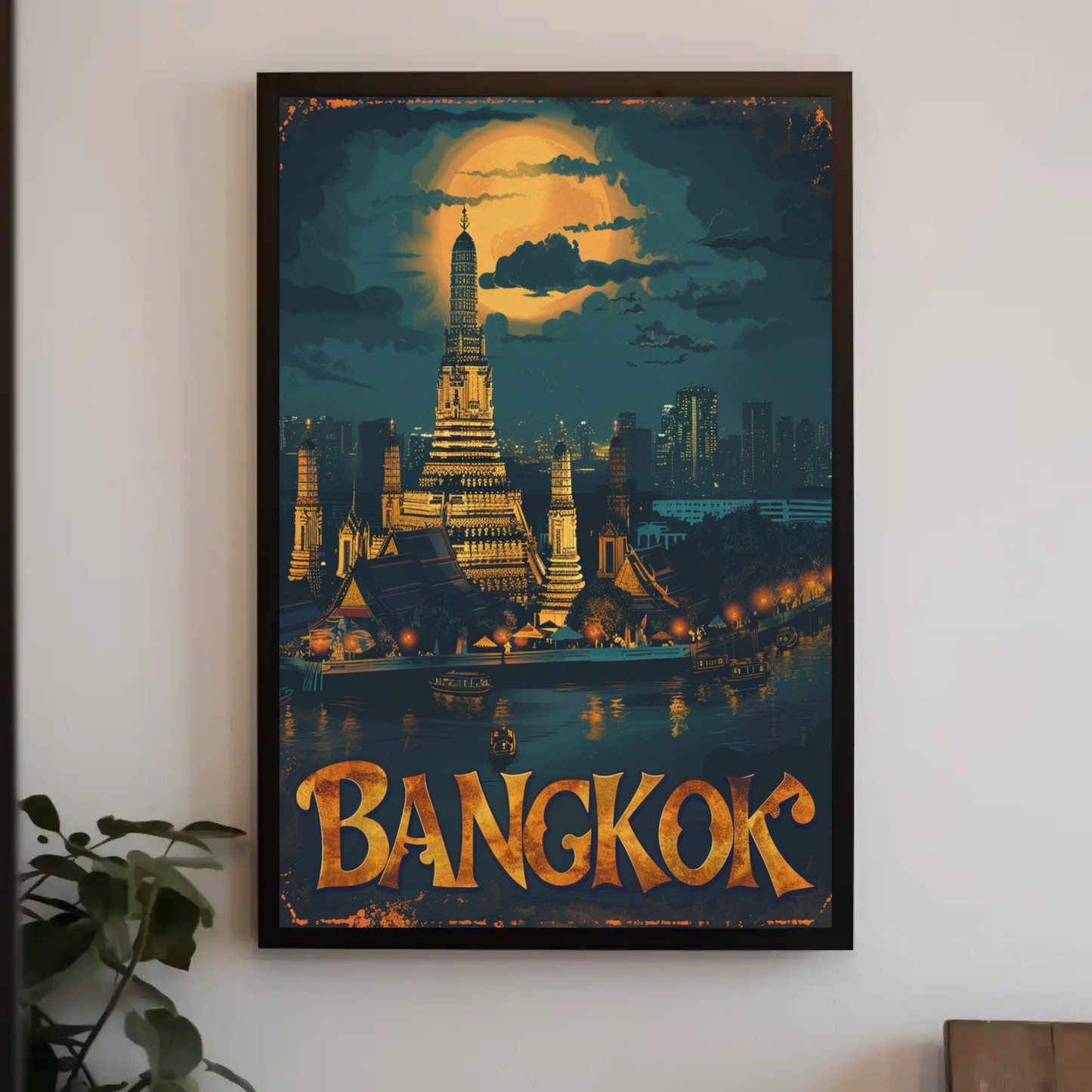 Bangkok Wat Arun Temple Nighttime Lights Travel Poster