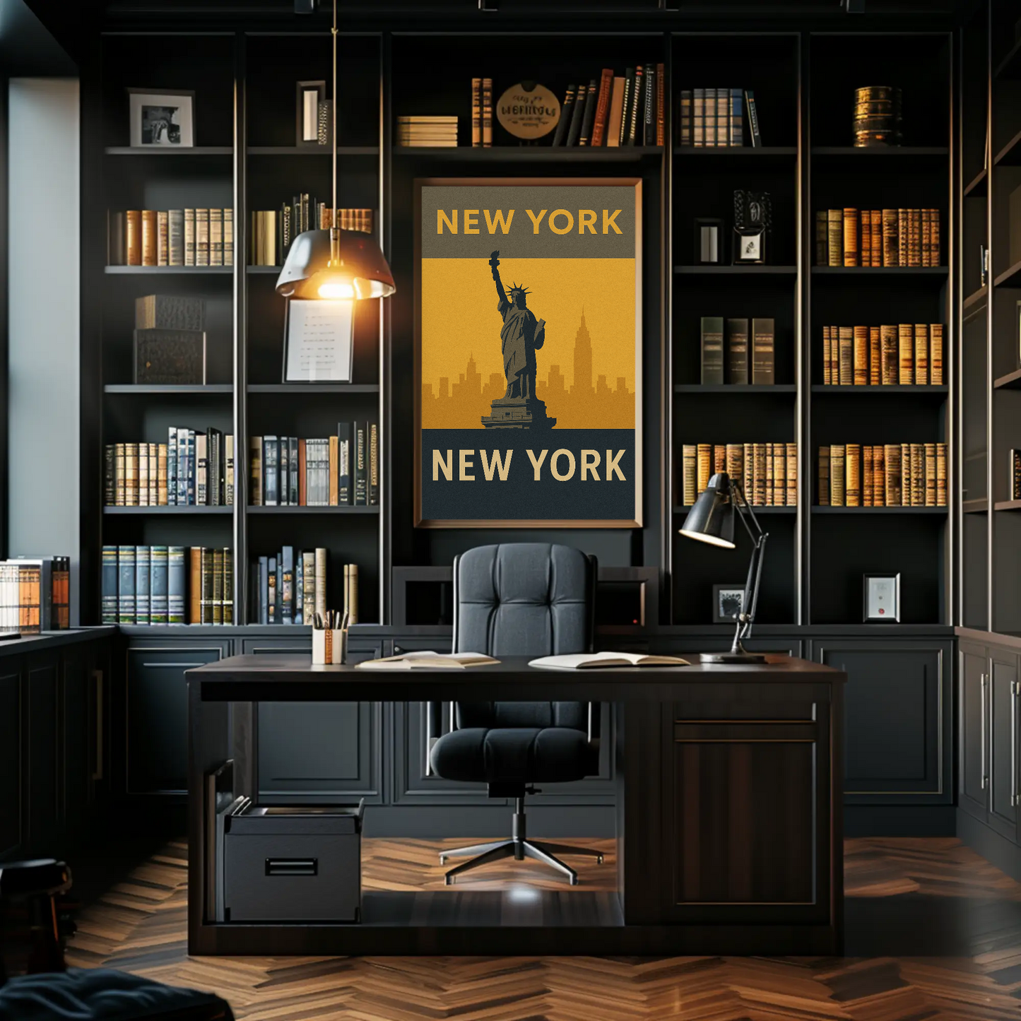 New York City Statue Skyline Yellow Vintage Travel Poster