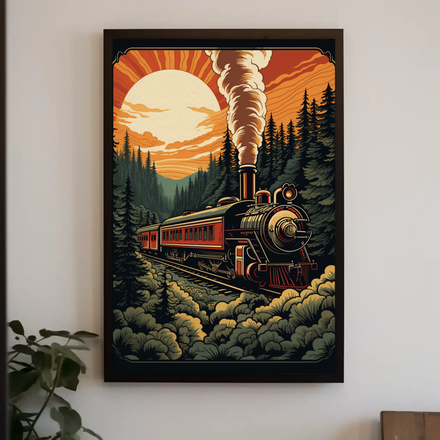 Vintage Steam Train Forest Railway Sunset Travel Poster