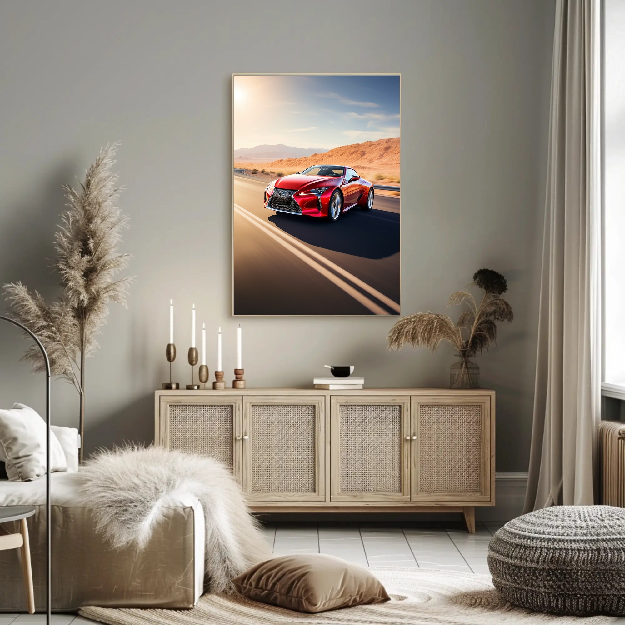 Red Sports Car in Motion Poster PosterGoat