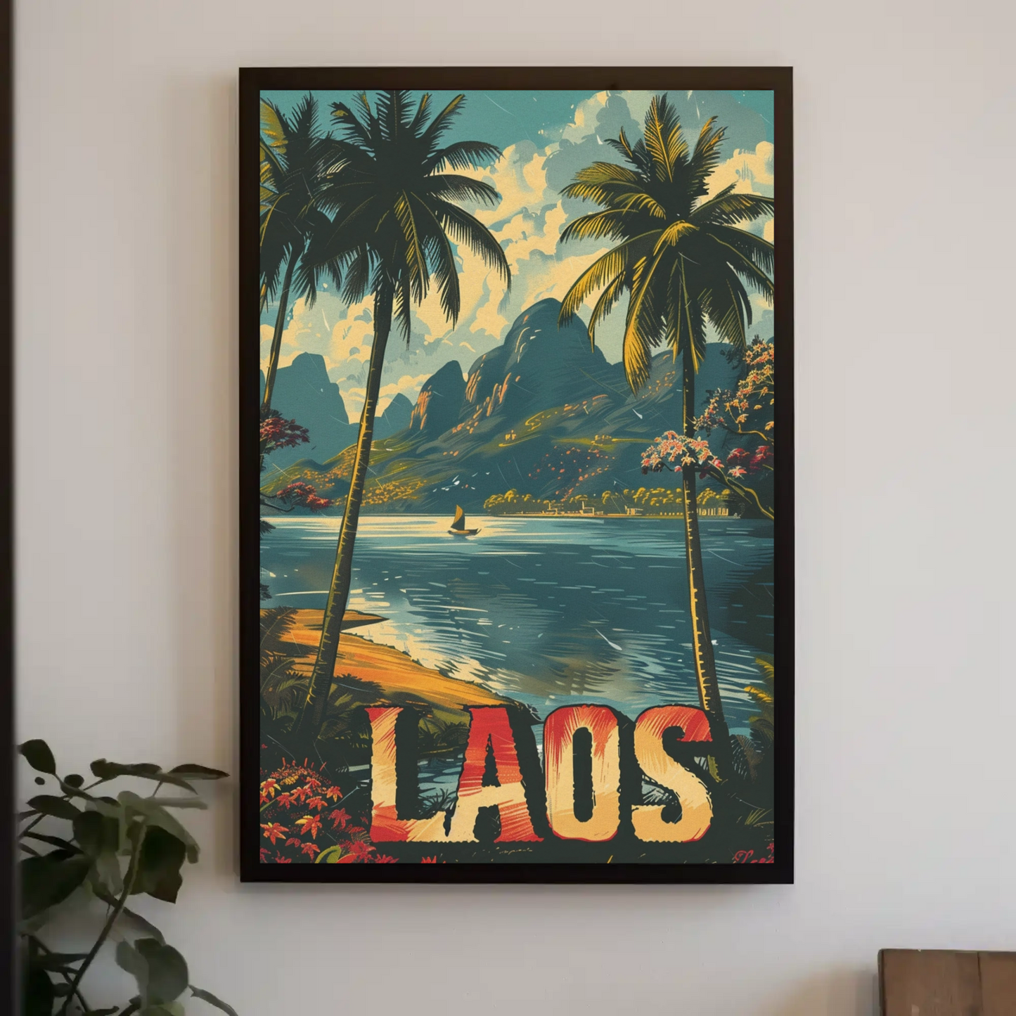 Laos Palm Trees River Mountain Jungle View Travel Poster
