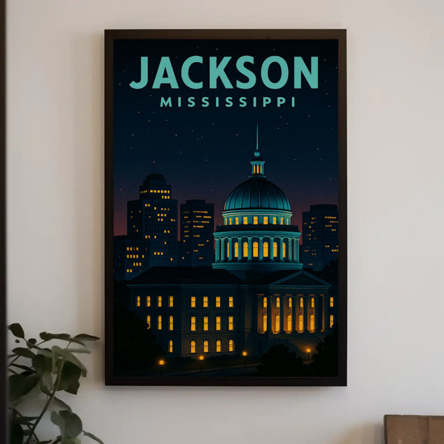 Jackson Mississippi Capitol Dome Night View Travel Poster