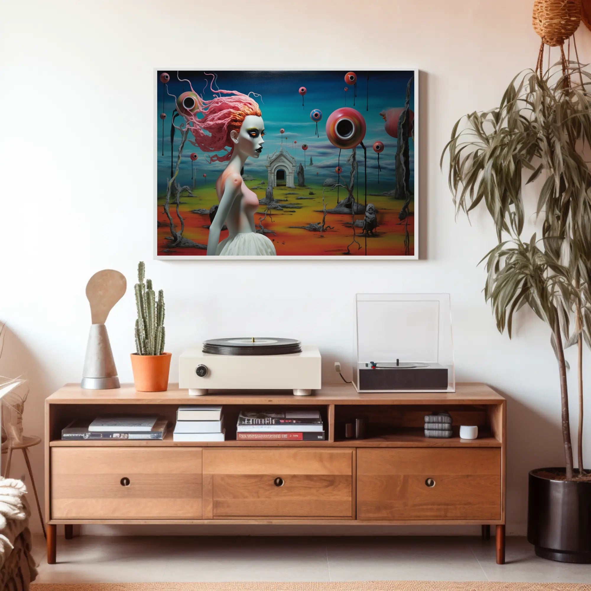 Surreal Dreamscape with Pink-Haired Figure Fantasy Poster