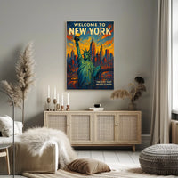 New York Skyline Sunset Art Poster Vintage Wall Art