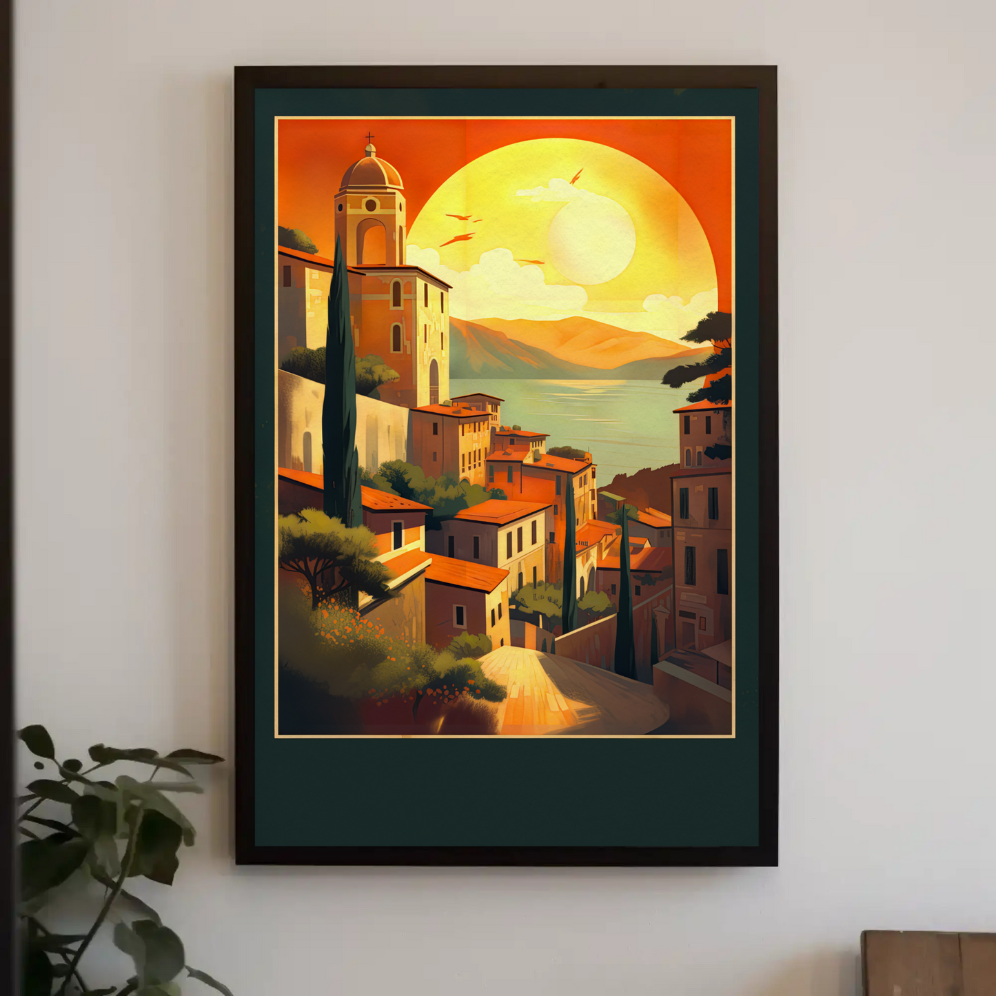 Sunset Over Mediterranean Village Coastline Travel Poster