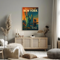 New York City Nightscape Urban Poster Vintage Wall Art