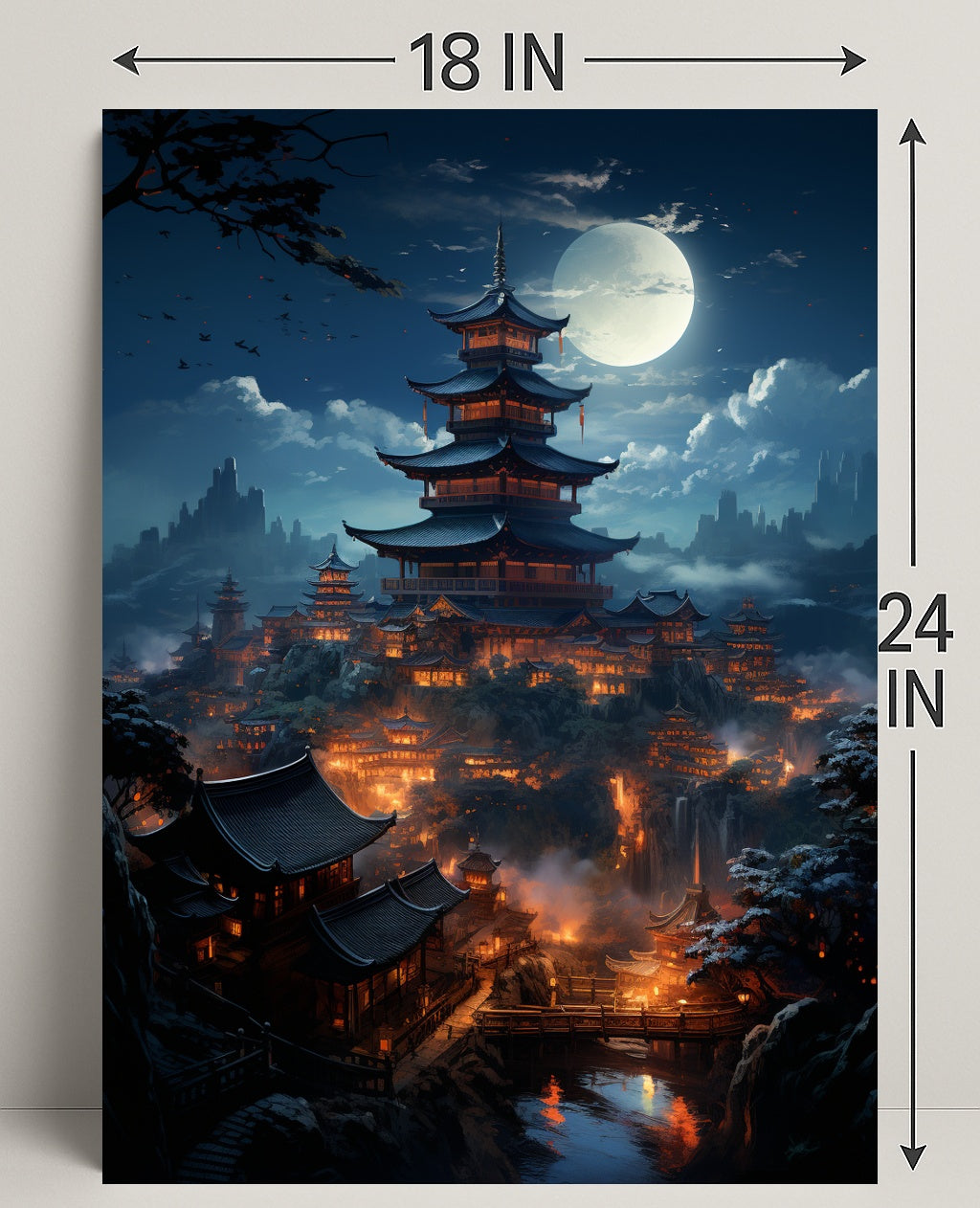Moonlit Pagoda Village Poster