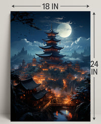 Moonlit Pagoda Village Poster