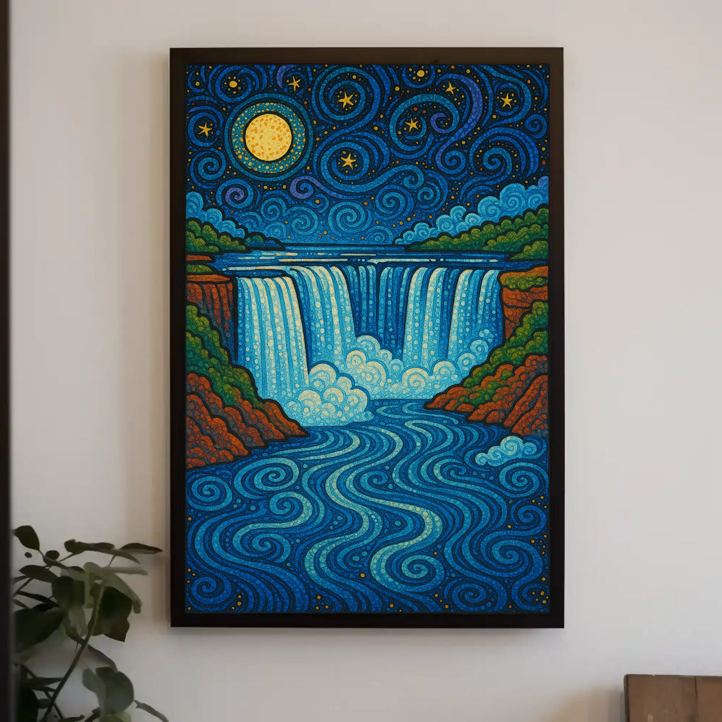 Starry Waterfall Night Moon Swirling Travel Poster