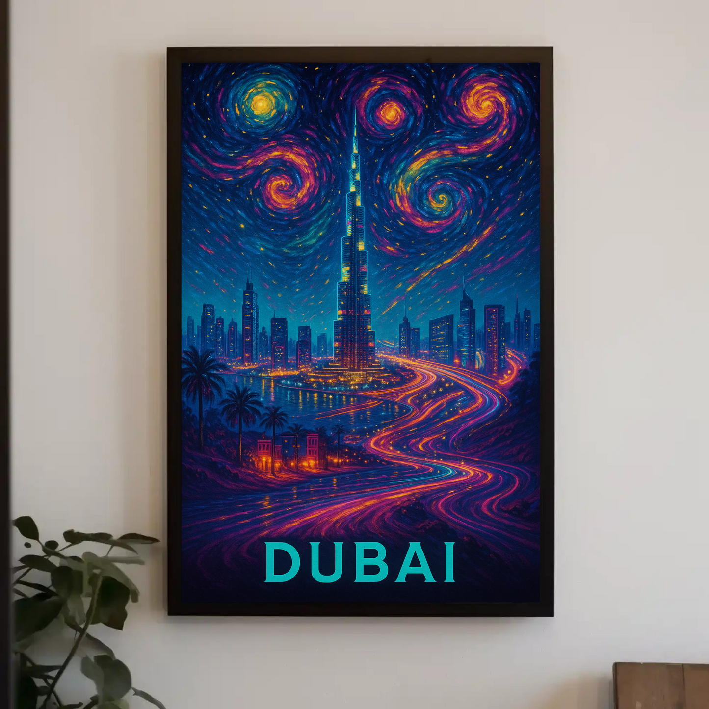 Dubai Burj Khalifa Starry Neon Skyline Night Travel Poster