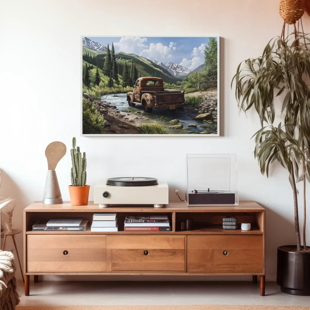 Vintage Truck in Serene Mountain Landscape Poster