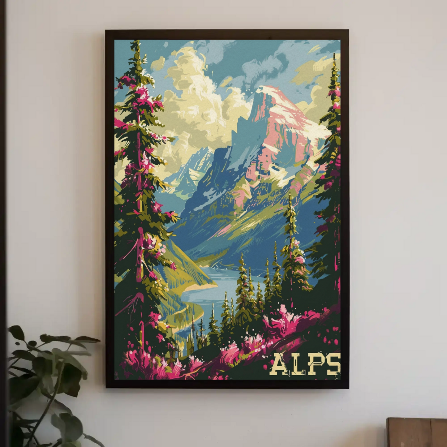 Alps Pink Flowers Lake Valley Peaks Travel Poster