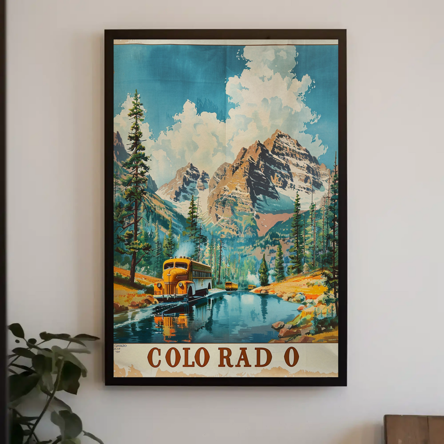 Colorado Rocky Mountains Forest Bus River Travel Poster