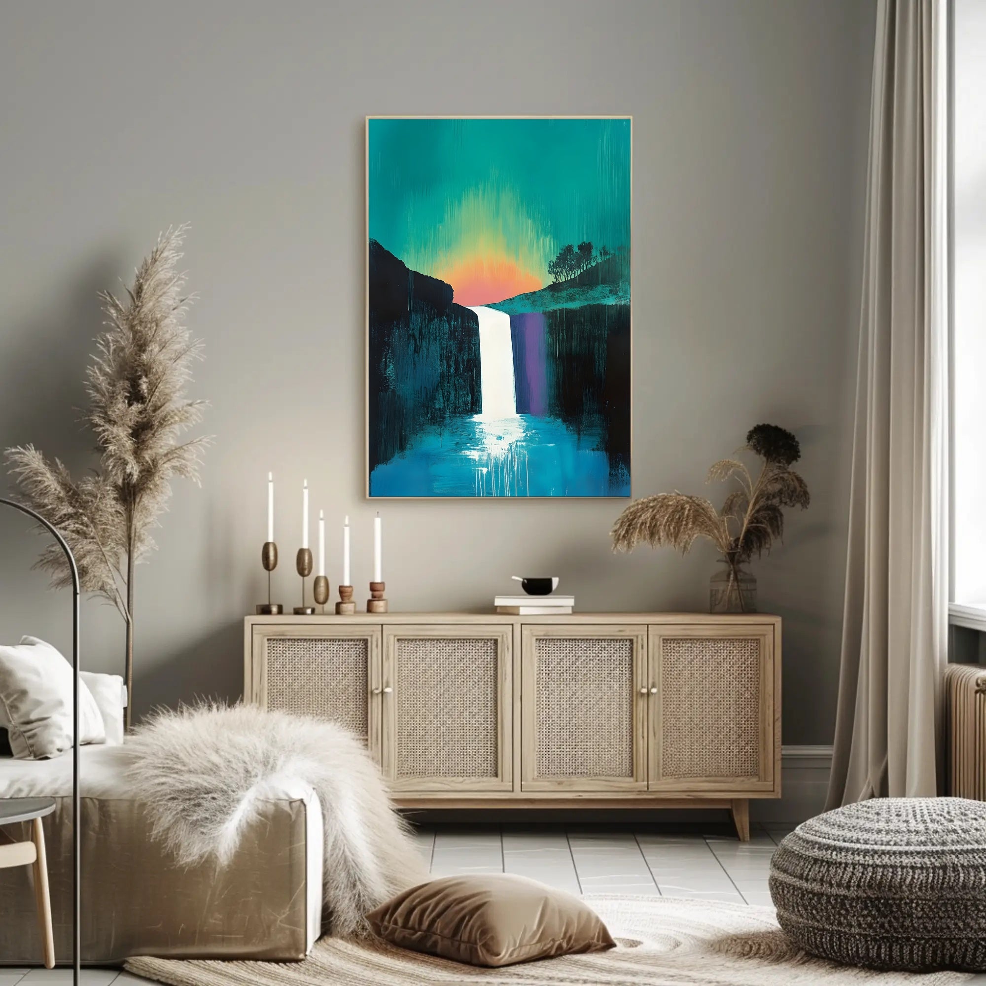 Abstract Waterfall Sunset Poster Modern Wall Art