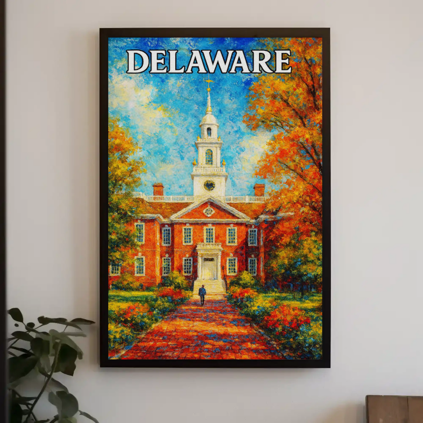 Delaware Brick Capitol Autumn Trees Travel Poster