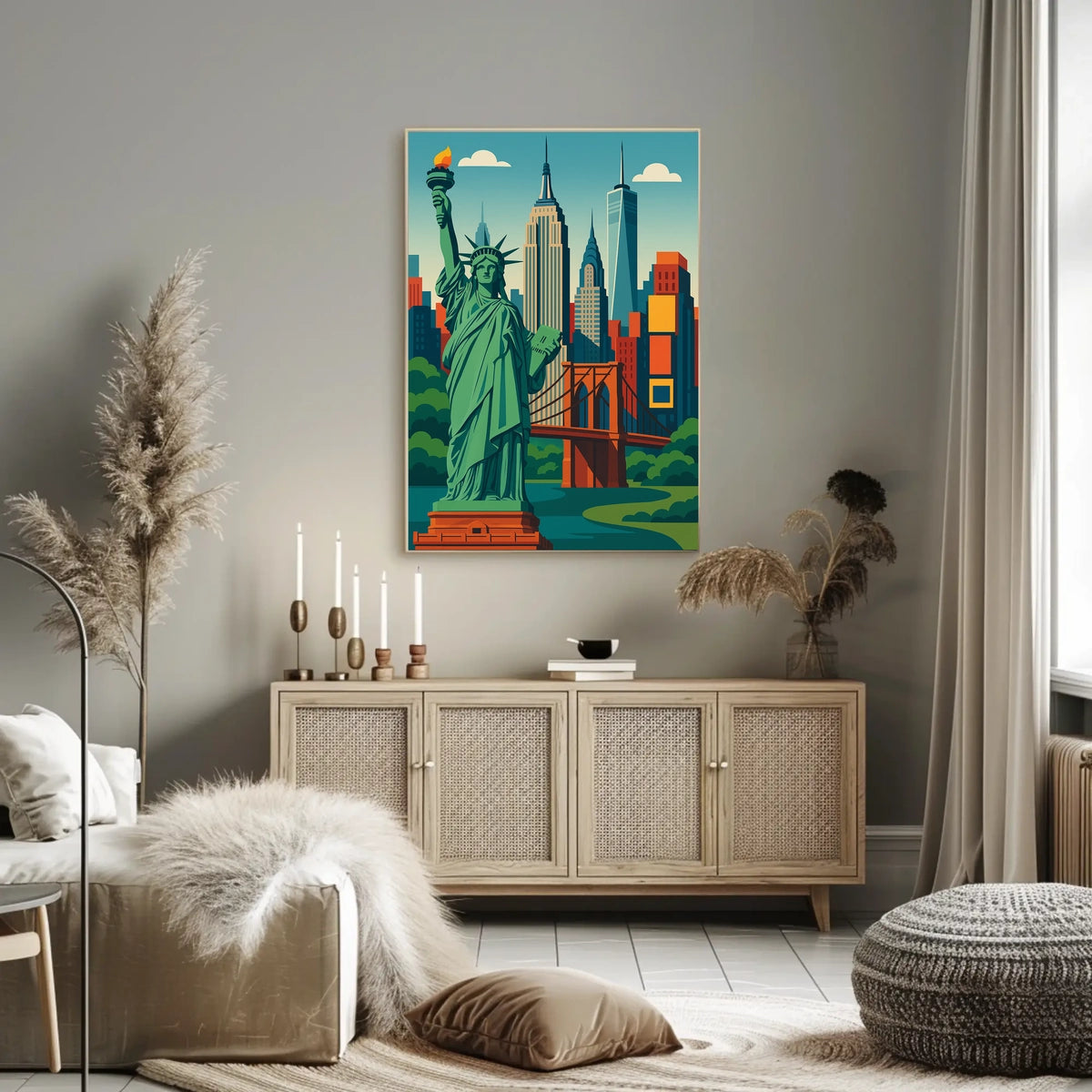 New York City Skyline Liberty Poster Retro Wall Art