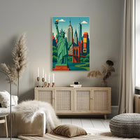 New York City Skyline Liberty Poster Retro Wall Art