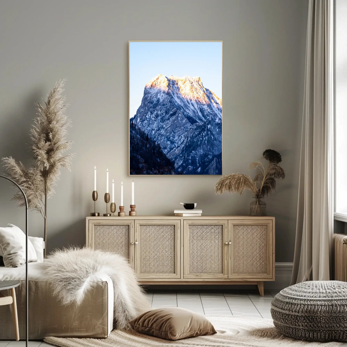 Majestic Dawn: Snow-Covered Mountain Art Poster