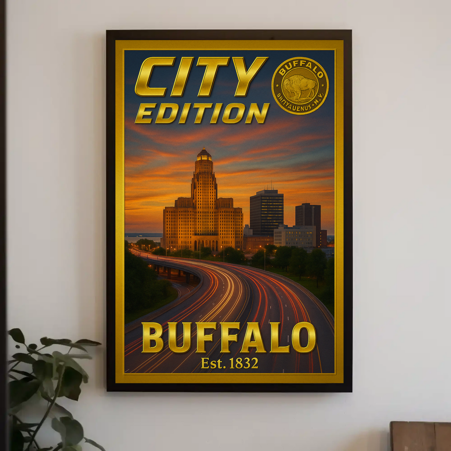 Buffalo New York Skyline Highway Sunset Poster Poster