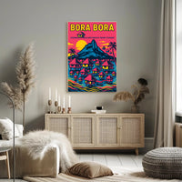 Bora Bora Vintage Travel Poster with Iconic Overwater Bungalows PosterGoat