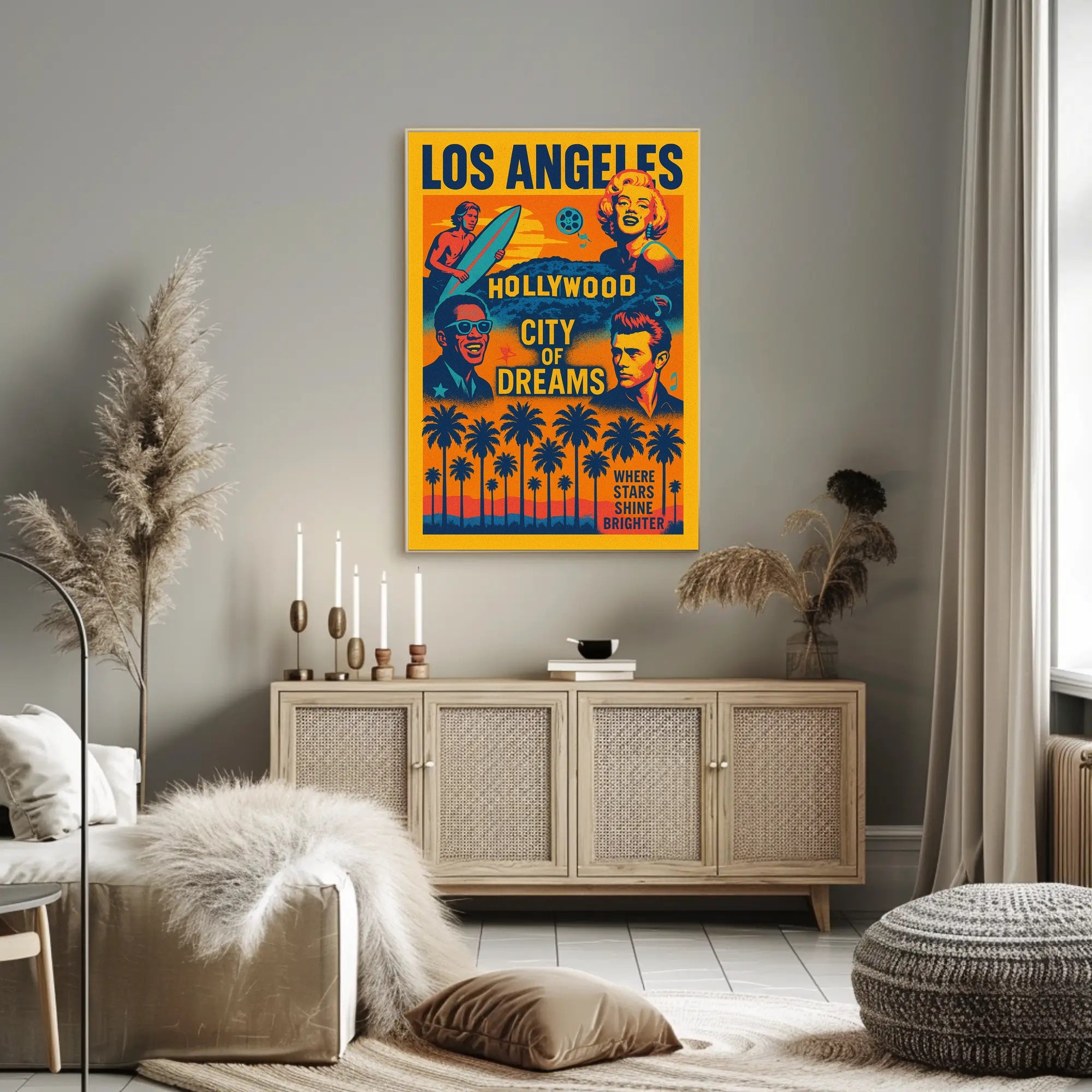 The poster is a vibrant tribute to Los Angeles, specifically highlighting Hollywood as Travel Poster