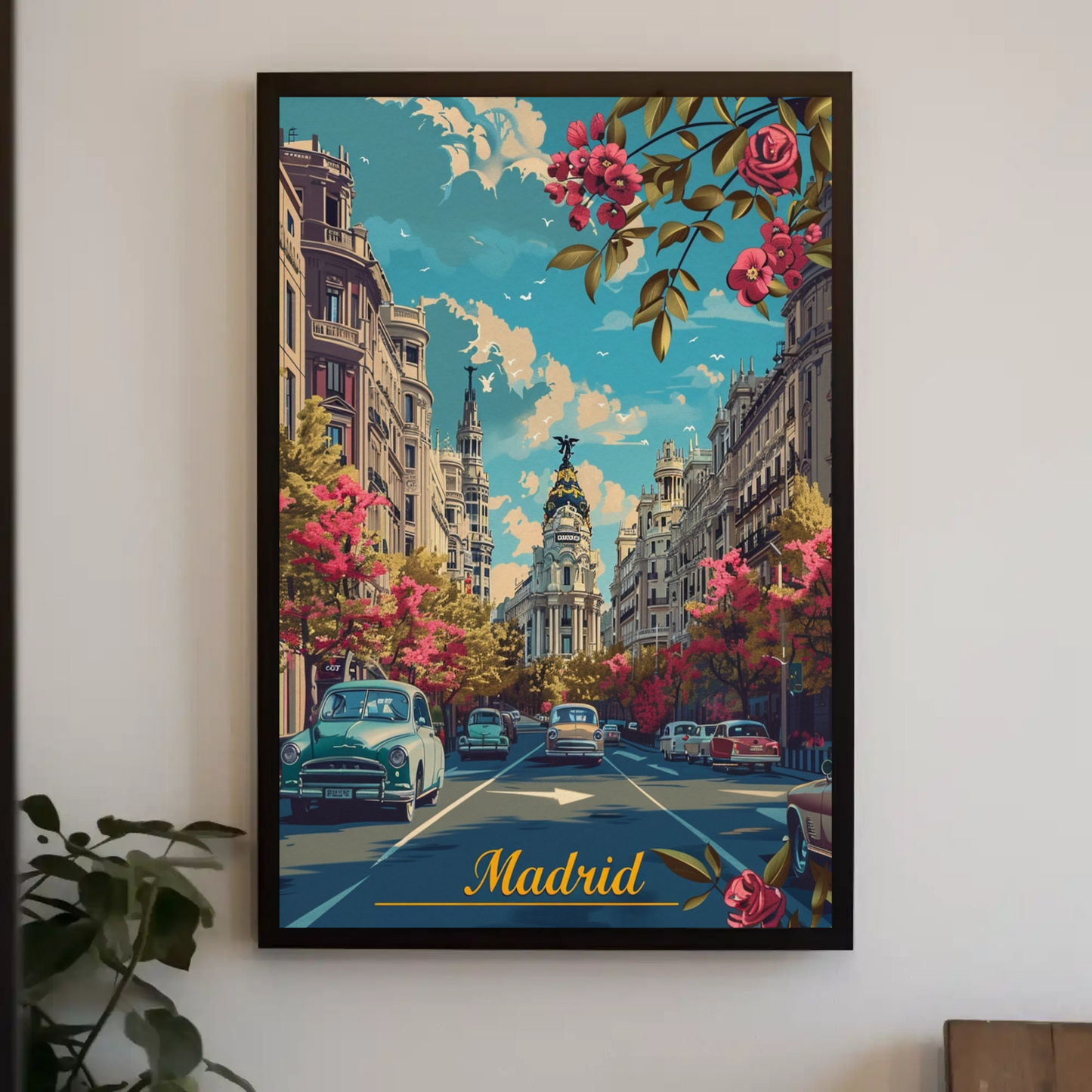Madrid Spring Streetscape Flowers Cars Classic Travel Poster