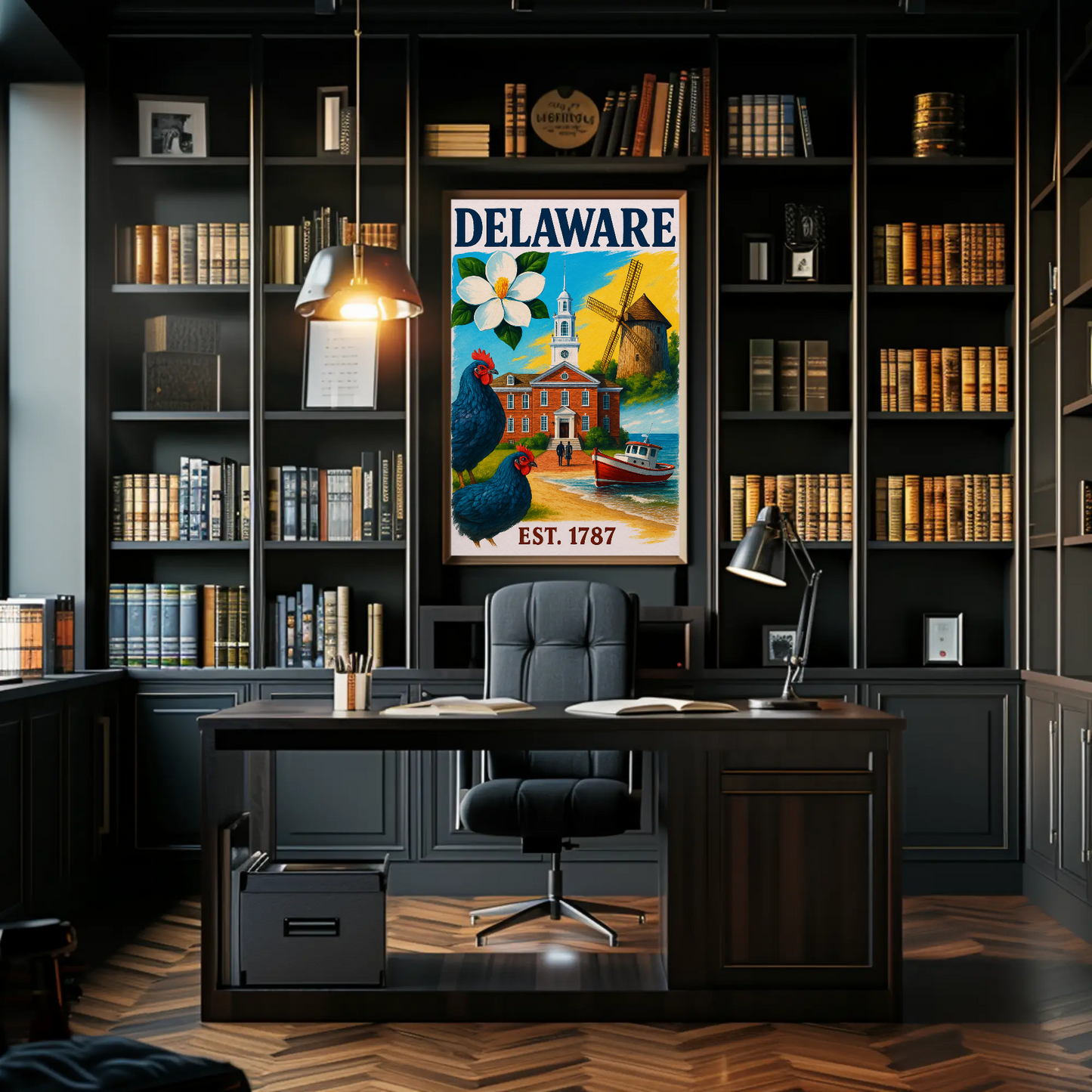 Delaware 1787 Poster With Windmill And Chickens Vintage Travel Poster