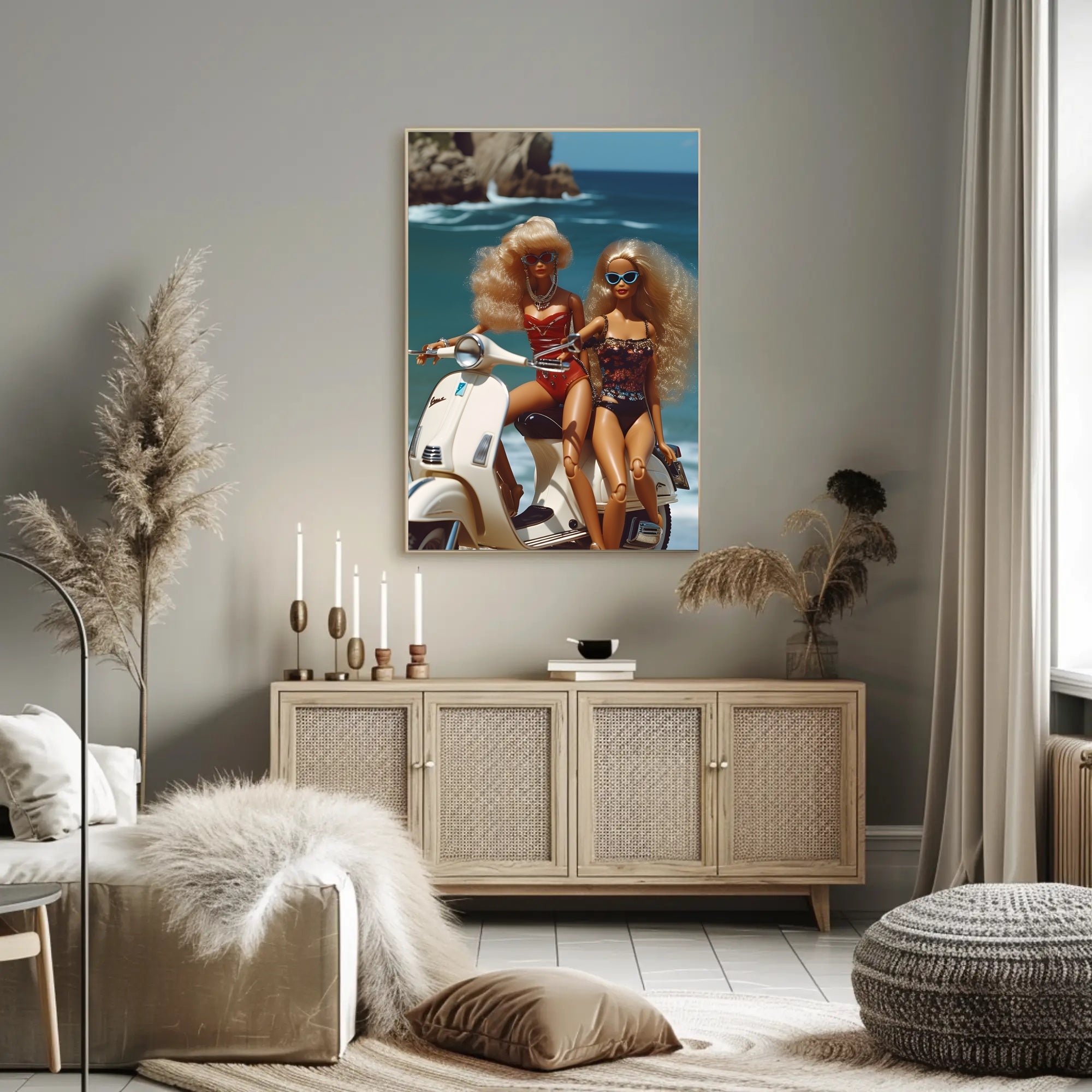 Beach Glamour: Vibrant Dolls on Scooter Travel Poster PosterGoat