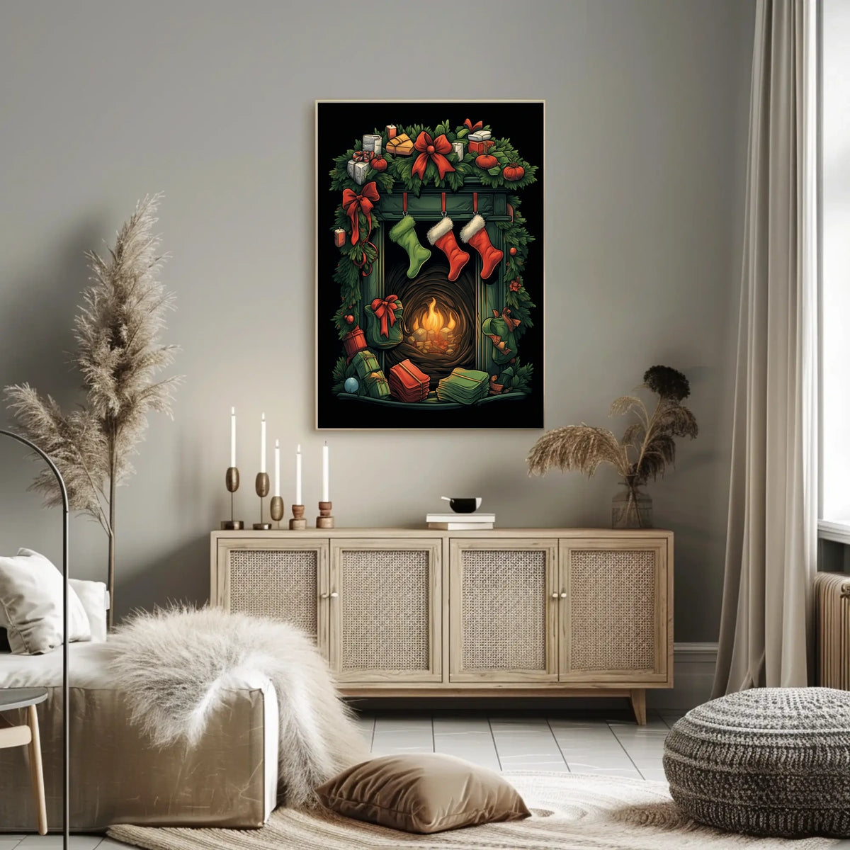 Festive Fireplace Holiday Scene Poster