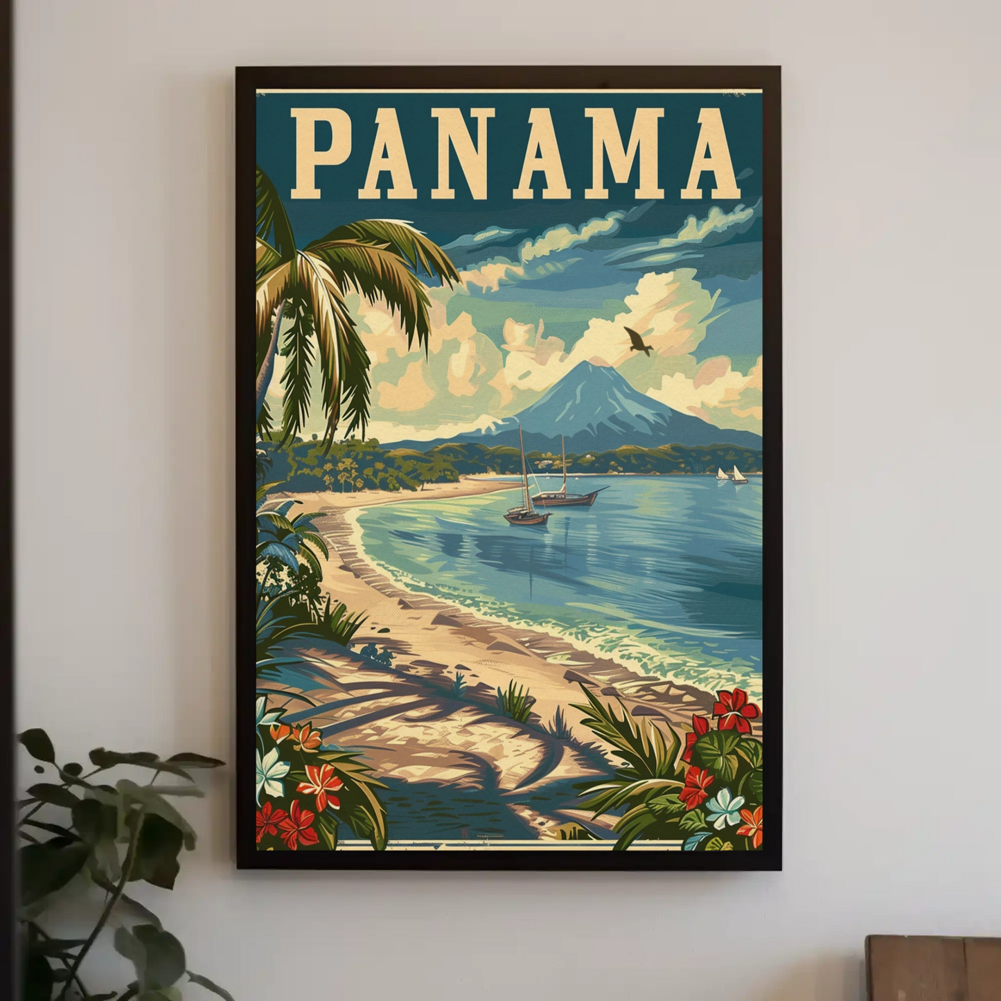 Panama Beach Volcano Sailboats Paradise Travel Poster