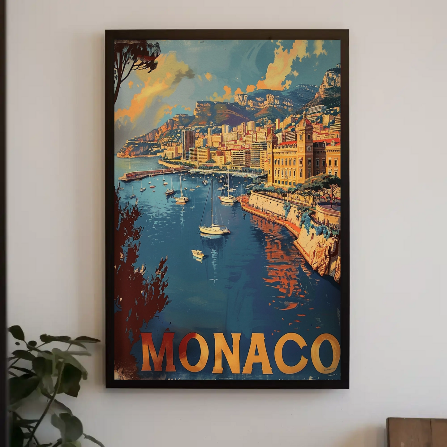Monaco Mediterranean Coast Harbor Scene Retro Travel Poster