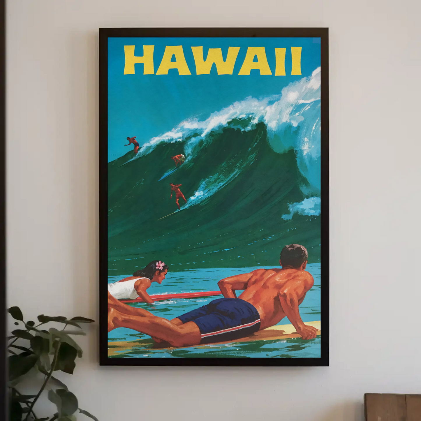 Hawaii Surfers Riding Giant Wave Ocean Travel Poster