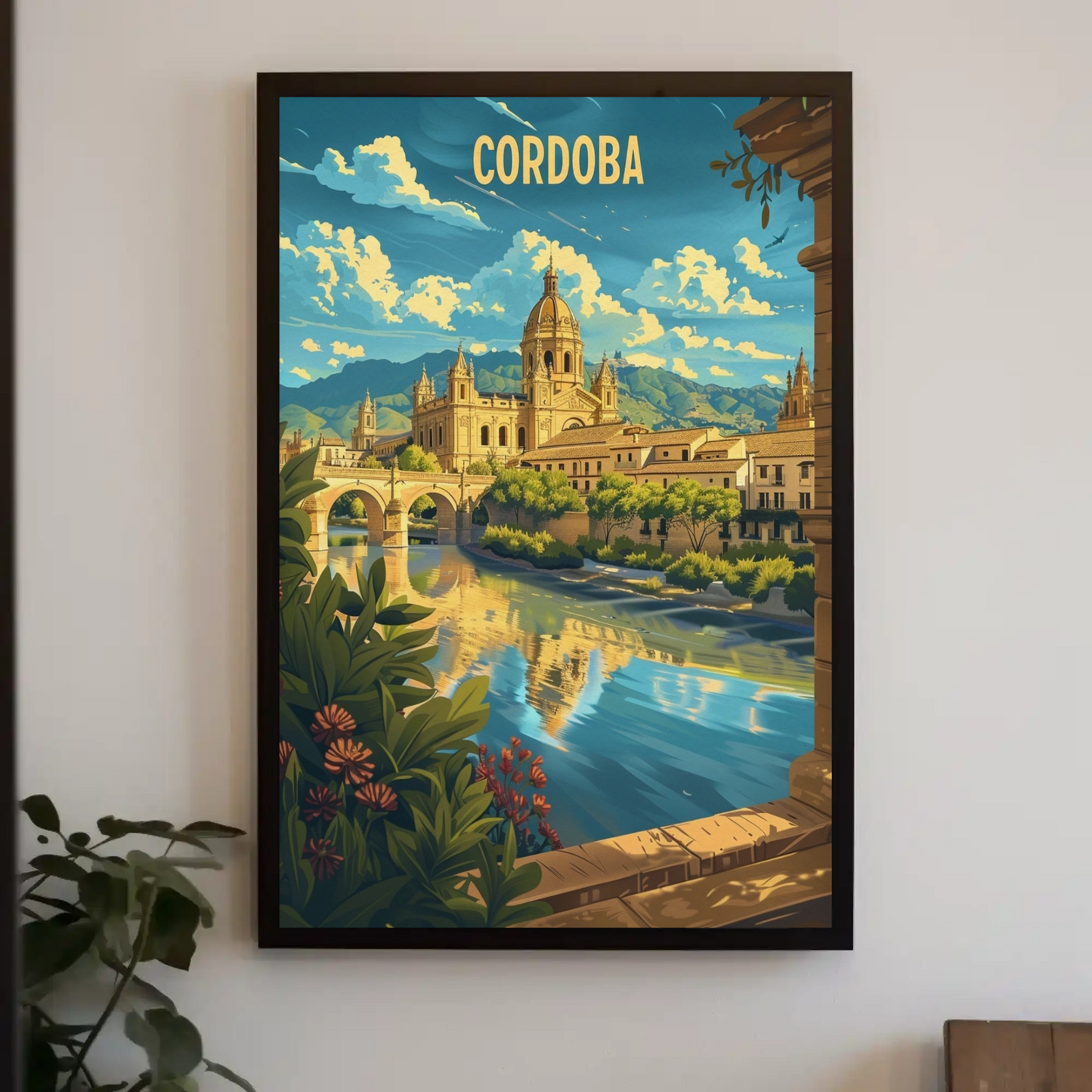 Cordoba Bridge and Cathedral Scenic River Travel Poster