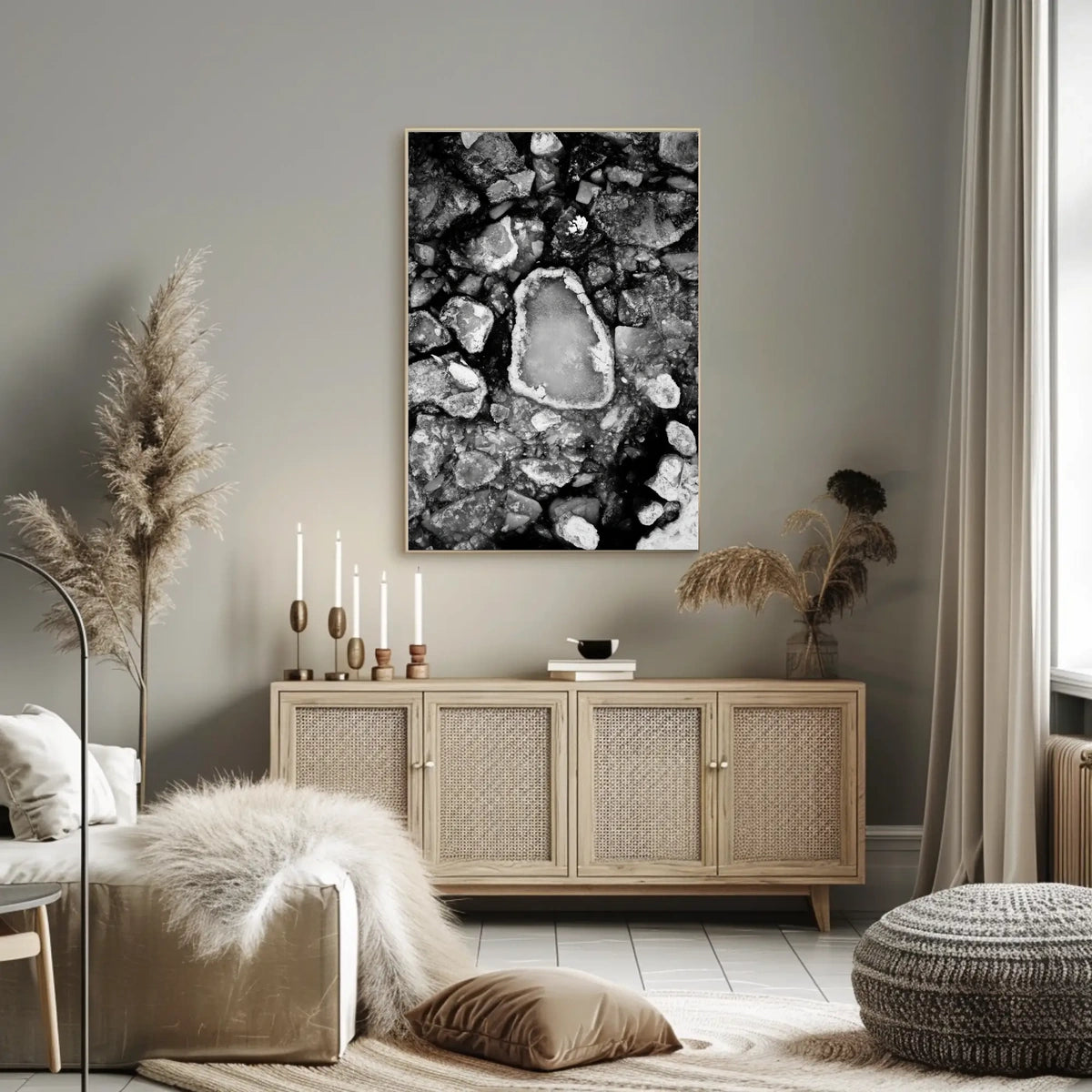 Stark Black and White Abstract Ice Formation Poster