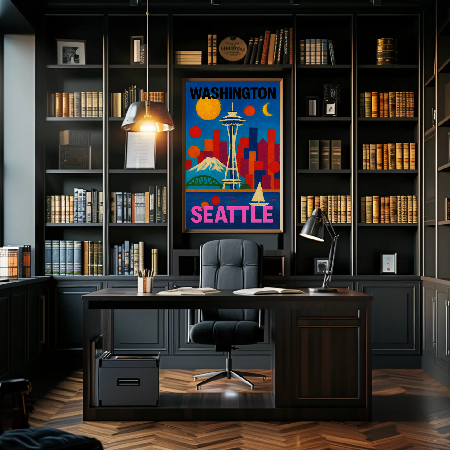 Washington Seattle Space Needle Mountains Sunset Vintage Travel Poster