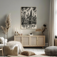 New York City Poster Vintage Sketch Landmarks Wall Art