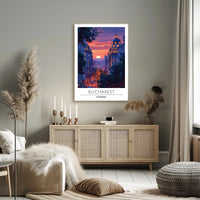 Bucharest Evening Street Scene at Sunset Travel Poster