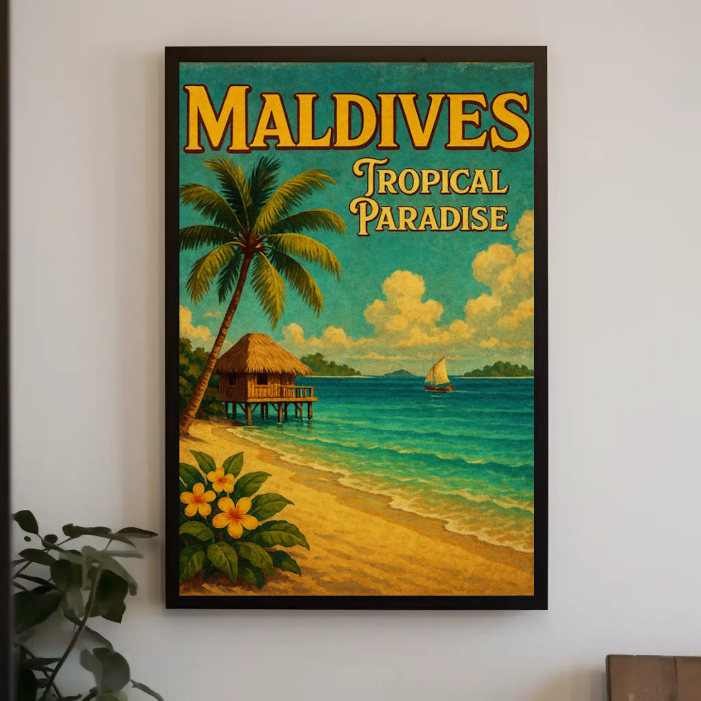 Maldives Tropical Hut With Sailboat Scene Travel Poster