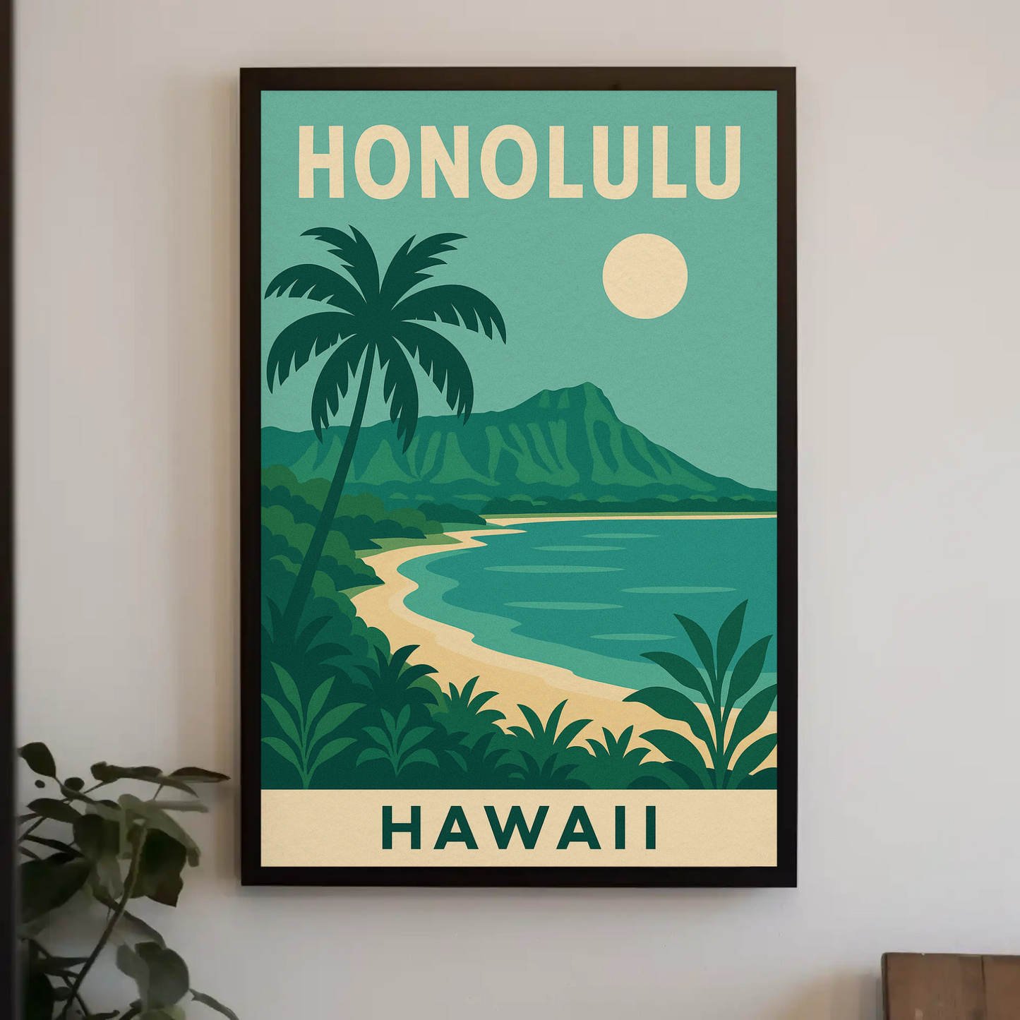 Honolulu Hawaii Beach Palm Trees Coastline Travel Poster