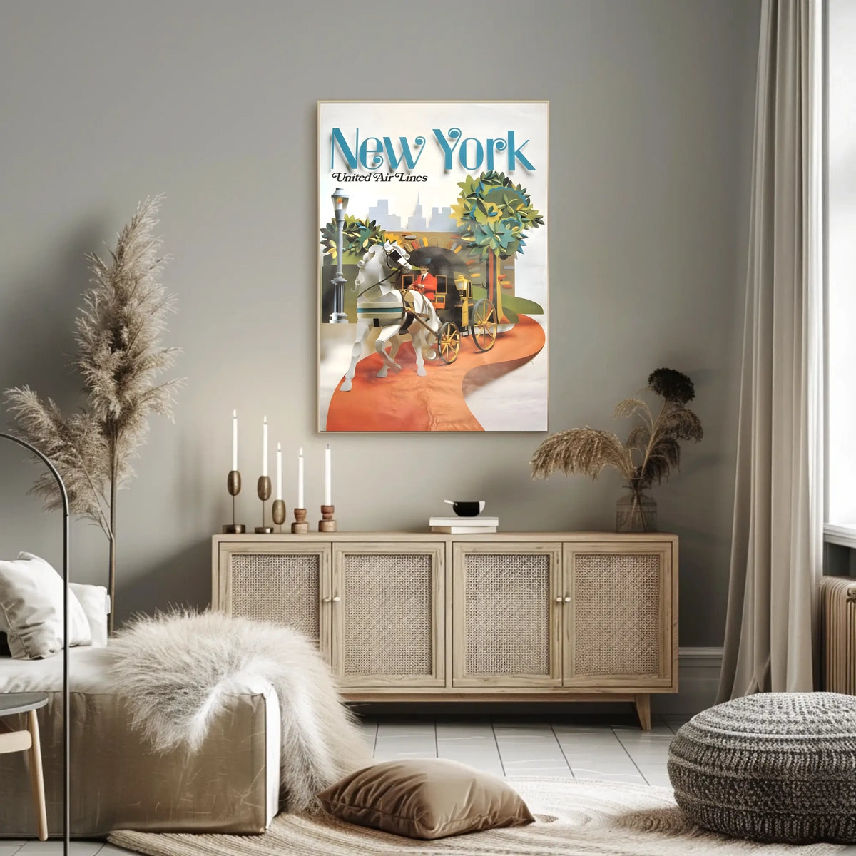New York Skyline Carriage Travel Poster Vintage Wall Art