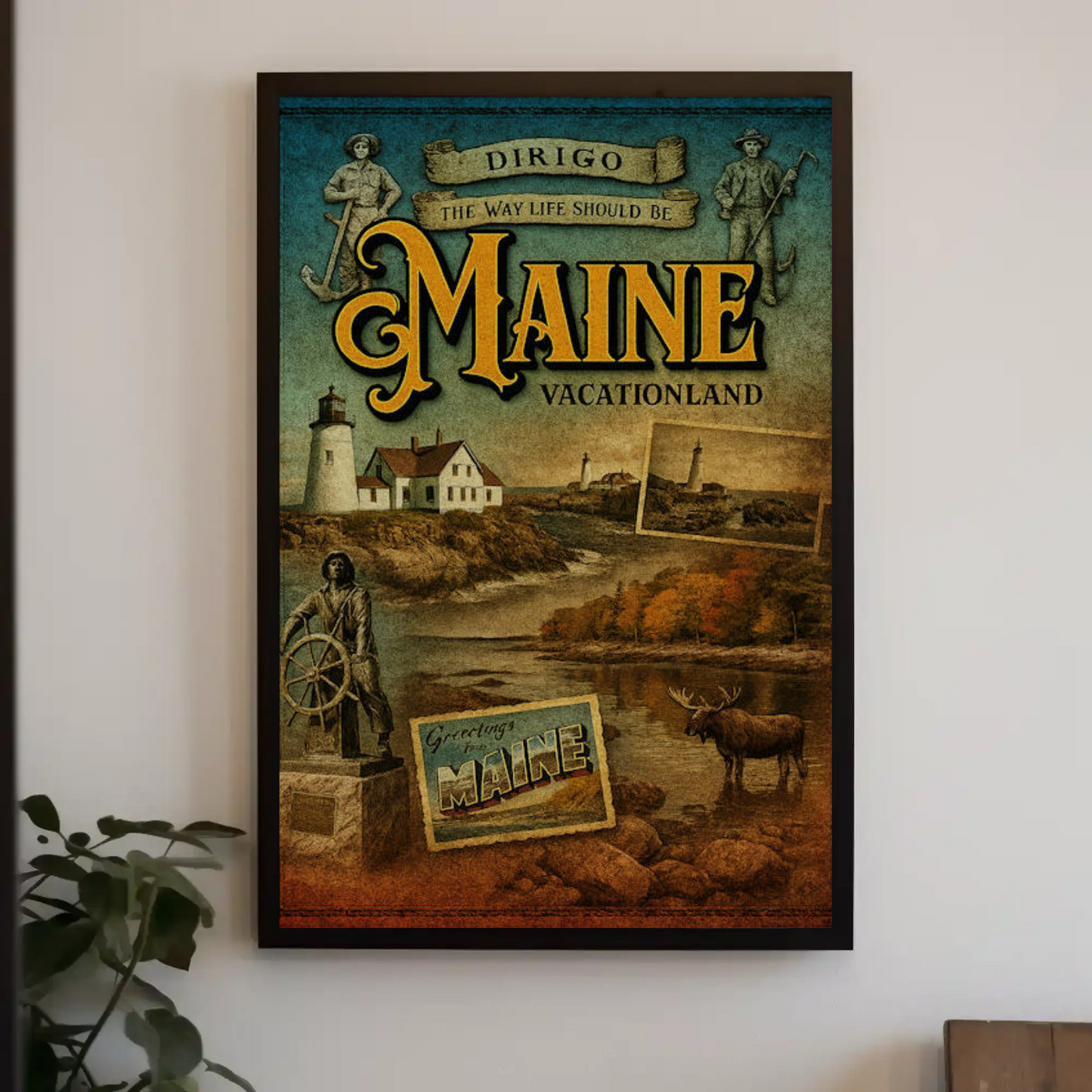 Maine Vacationland Vintage Postcard Style Travel Poster