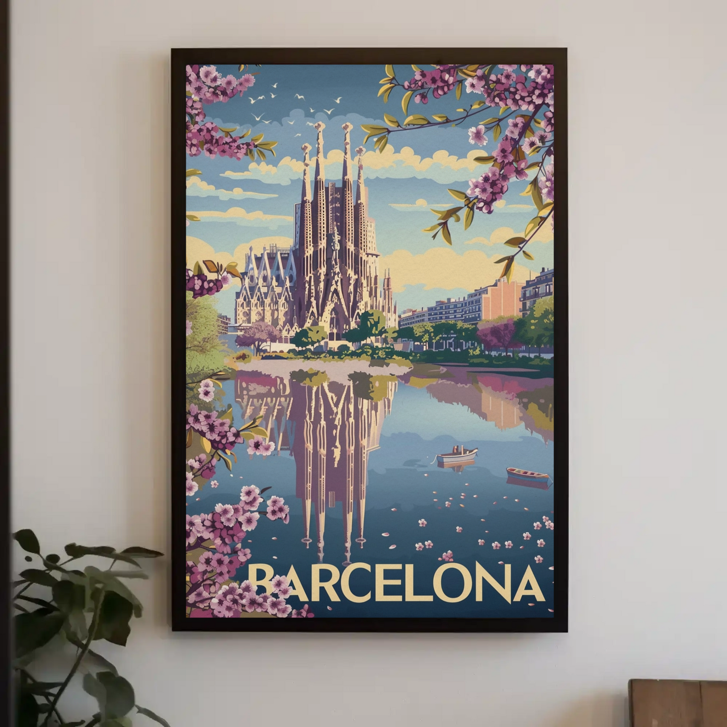 Barcelona Spain Blossoms and Cathedral Travel Poster