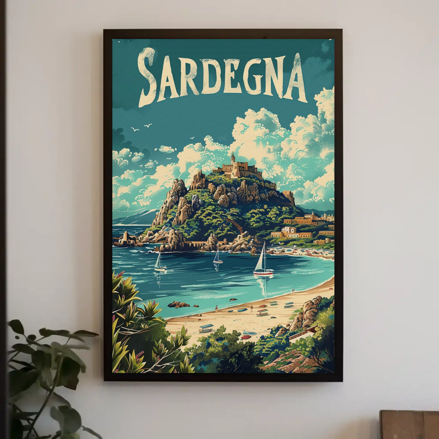 Sardegna Coastal Castle Beach Travel Poster