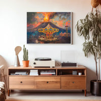 Surreal Carousel and Volcano Imaginative Art Poster