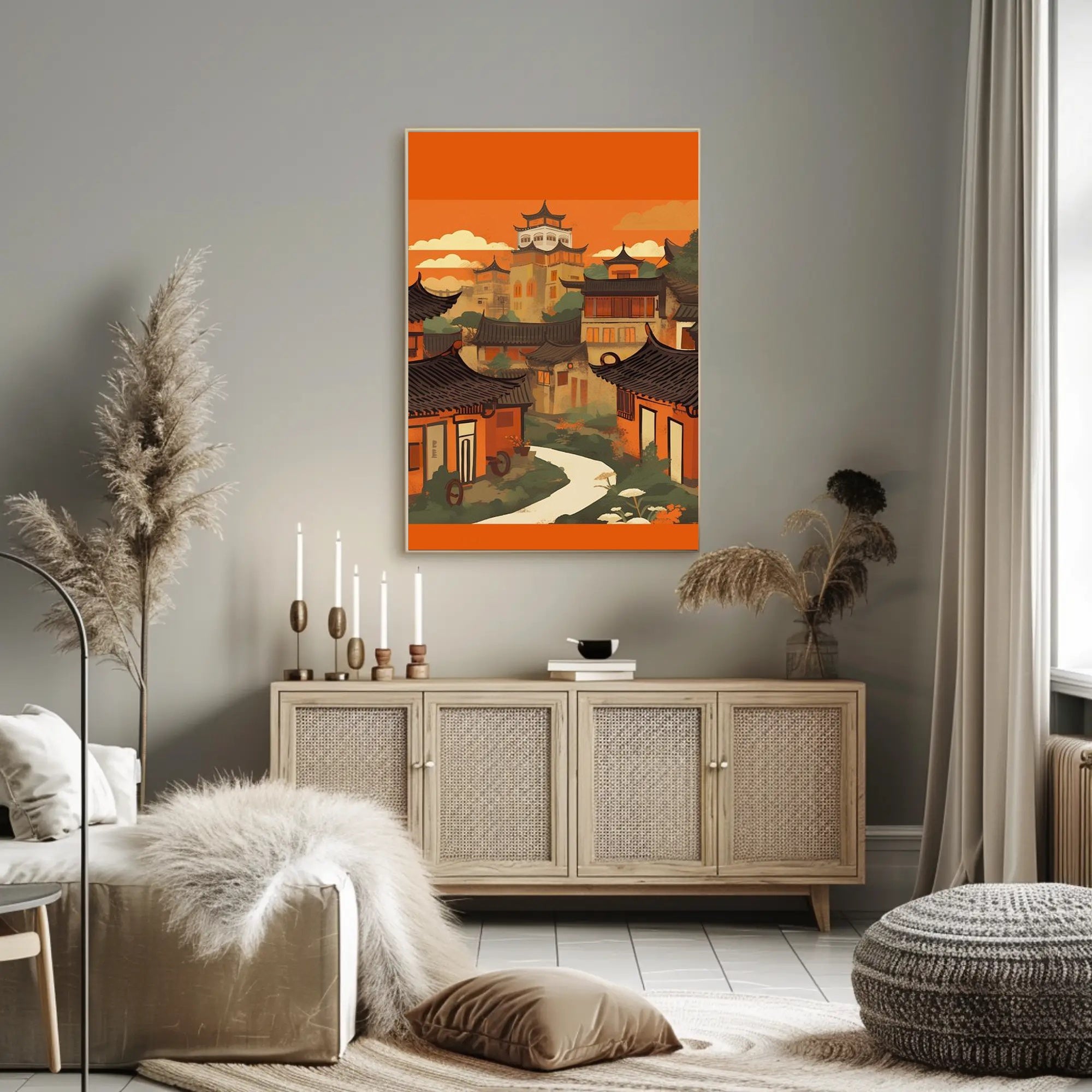 Tranquil Village at Sunset Poster