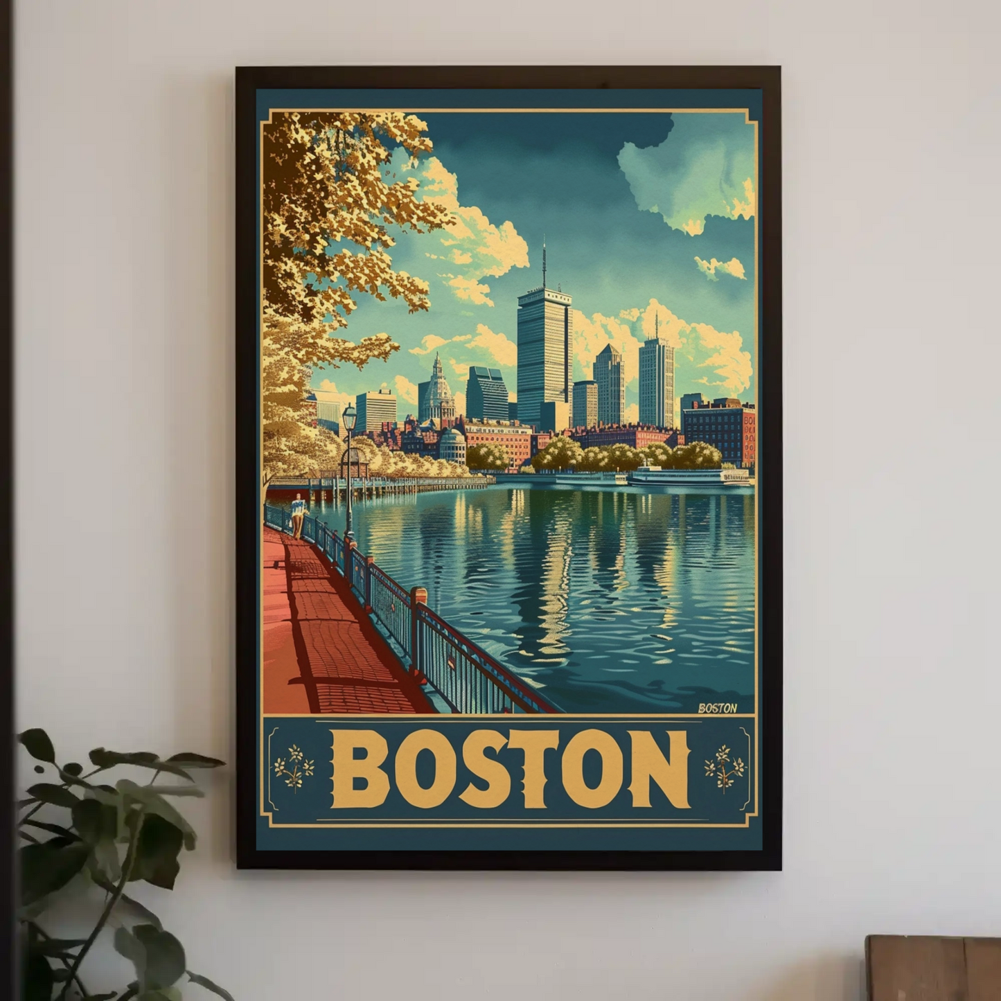 Boston Waterfront Skyline City Buildings Travel Poster